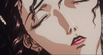 Movie still from “Vampire Hunter D: Bloodlust” (2000), directed by Yoshiaki Kawajiri – A painting of a woman's face; Extreme Close Up shot, Low angle