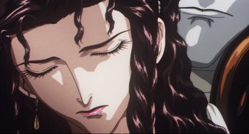 Movie still from “Vampire Hunter D: Bloodlust” (2000), directed by Yoshiaki Kawajiri – Picture of a woman's face with long hair; Close Up shot, High angle