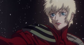 Movie still from “Vampire Hunter D: Bloodlust” (2000), directed by Yoshiaki Kawajiri – A person with blond hair and blue eyes; Close Up shot, Low angle