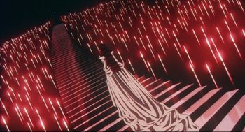 Movie still from “Vampire Hunter D: Bloodlust” (2000), directed by Yoshiaki Kawajiri – A woman in a white dress standing in front of a staircase; Extreme Wide shot, High angle