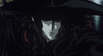 Movie still from “Vampire Hunter D: Bloodlust” (2000), directed by Yoshiaki Kawajiri – A woman's face with a hat on; Close Up shot, Low angle