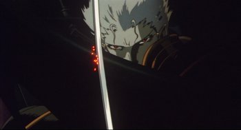 Movie still from “Vampire Hunter D: Bloodlust” (2000), directed by Yoshiaki Kawajiri – View of a sword in front of a mirror; Extreme Close Up shot, Low angle
