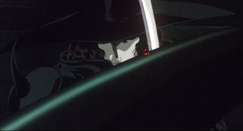 Movie still from “Vampire Hunter D: Bloodlust” (2000), directed by Yoshiaki Kawajiri – View of a person under an umbrella in the dark; Extreme Close Up shot, Low angle