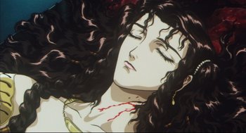 Movie still from “Vampire Hunter D: Bloodlust” (2000), directed by Yoshiaki Kawajiri – A painting of a woman with long black curly hair; Close Up shot, Overhead angle