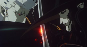Movie still from “Vampire Hunter D: Bloodlust” (2000), directed by Yoshiaki Kawajiri – View of a sword in the dark; Close Up shot, Low angle