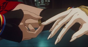 Movie still from “Vampire Hunter D: Bloodlust” (2000), directed by Yoshiaki Kawajiri – A woman holding a wedding ring up to her finger; Extreme Close Up shot, Overhead angle