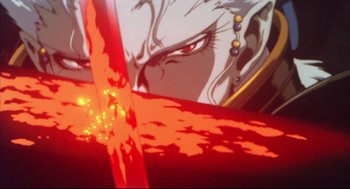 Movie still from “Vampire Hunter D: Bloodlust” (2000), directed by Yoshiaki Kawajiri – Picture of a sword in front of a painting; Extreme Close Up shot, Low angle