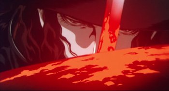 Movie still from “Vampire Hunter D: Bloodlust” (2000), directed by Yoshiaki Kawajiri – A woman's face with a knife in her mouth; Extreme Close Up shot, Overhead angle