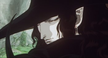 Movie still from “Vampire Hunter D: Bloodlust” (2000), directed by Yoshiaki Kawajiri – A painting of a woman wearing a black hat; Close Up shot, Low angle