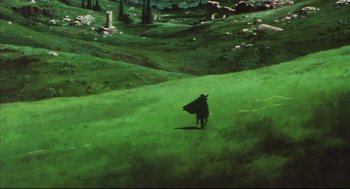 Movie still from “Vampire Hunter D: Bloodlust” (2000), directed by Yoshiaki Kawajiri – A man walking in the grass with a black cape on; Extreme Wide shot, High angle