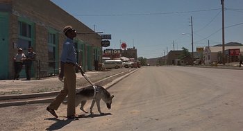 Movie still from “Vanishing Point” (1971), directed by Richard C. Sarafian – A man walking a dog down a street; Wide shot, Low angle