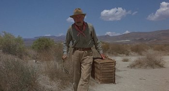 Movie still from “Vanishing Point” (1971), directed by Richard C. Sarafian – An old man carrying a basket in the desert; Wide shot, Low angle