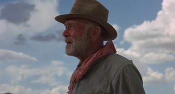 Movie still from “Vanishing Point” (1971), directed by Richard C. Sarafian – An older man wearing a hat and a neck tie; Close Up shot, Low angle