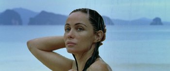 Movie still from “Vinyan” (2008), directed by Fabrice du Welz – A beautiful woman with wet hair standing in front of the ocean; Close Up shot, Low angle