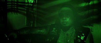 Movie still from “Vinyan” (2008), directed by Fabrice du Welz – A person in a dark room lit up by a green light; Close Up shot, Low angle