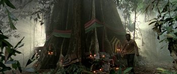 Movie still from “Vinyan” (2008), directed by Fabrice du Welz – A large tree in the middle of a forest; Extreme Wide shot, Low angle