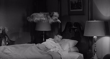 Movie still from “Visit to a Small Planet” (1960), directed by Norman Taurog – A man laying in a bed with a dog jumping up in the air; Wide shot, High angle