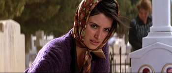 Movie still from “Volver” (2006), directed by Pedro Almodóvar – A person wearing a head scarf; Close Up shot, Low angle
