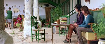 Movie still from “Volver” (2006), directed by Pedro Almodóvar – A woman sitting at a table in front of potted plants; Wide shot, Low angle