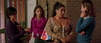 Movie still from “Volver” (2006), directed by Pedro Almodóvar – A woman and a young girl walking down a street; Medium shot, Over the shoulder angle