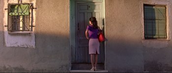 Movie still from “Volver” (2006), directed by Pedro Almodóvar – A woman standing in front of an open door; Wide shot, Low angle