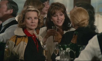 Movie still from “Waiter!” (1983), directed by Claude Sautet – A group of people sitting at a table with drinks; Medium shot, Over the shoulder angle