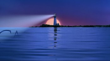 Movie still from “Waiting for Guffman” (1996), directed by Christopher Guest – A light house on the water at sunset; Extreme Wide shot, Low angle