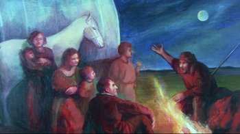Movie still from “Waiting for Guffman” (1996), directed by Christopher Guest – A painting of a white horse and a group of people around a fire; Wide shot, Over the shoulder angle