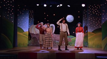 Movie still from “Waiting for Guffman” (1996), directed by Christopher Guest – A group of people standing on a stage in front of a stage; Wide shot, Low angle