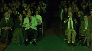 Movie still from “Waiting for Guffman” (1996), directed by Christopher Guest – A group of people sitting in a room; Wide shot, High angle