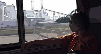 Movie still from “Waking Life” (2001), directed by Richard Linklater – A woman looking out of a train window at a train station; Close Up shot, Low angle