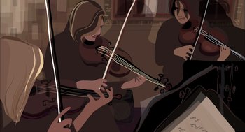 Movie still from “Waking Life” (2001), directed by Richard Linklater – Two women are playing the violin in front of a mirror; Medium shot, Overhead angle