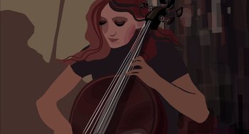 Movie still from “Waking Life” (2001), directed by Richard Linklater – A woman with long red hair is playing a cello; Medium shot, Overhead angle
