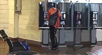Movie still from “Waking Life” (2001), directed by Richard Linklater – A man standing in front of an atm machine; Wide shot, Low angle