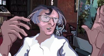 Movie still from “Waking Life” (2001), directed by Richard Linklater – An image of an old man with glasses; Close Up shot, Low angle