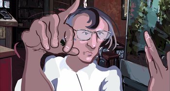 Movie still from “Waking Life” (2001), directed by Richard Linklater – An image of a man with glasses holding his finger up; Extreme Close Up shot, Overhead angle
