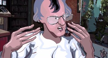 Movie still from “Waking Life” (2001), directed by Richard Linklater – An old man with glasses is looking at the camera; Close Up shot, Low angle