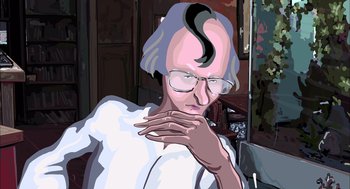 Movie still from “Waking Life” (2001), directed by Richard Linklater – An old man with glasses is looking at the camera; Close Up shot, Low angle