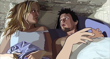 Movie still from “Waking Life” (2001), directed by Richard Linklater – A man and a woman sitting next to each other; Close Up shot, Overhead angle