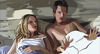 Movie still from “Waking Life” (2001), directed by Richard Linklater – A man and a woman in a bed with a white sheet; Medium shot, Overhead angle
