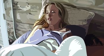 Movie still from “Waking Life” (2001), directed by Richard Linklater – An illustration of a woman laying in a bed; Close Up shot, Low angle