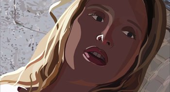 Movie still from “Waking Life” (2001), directed by Richard Linklater – A woman with long blonde hair is looking at the camera; Extreme Close Up shot, Overhead angle