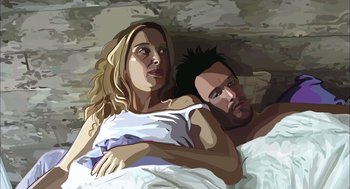 Movie still from “Waking Life” (2001), directed by Richard Linklater – A man and a woman laying in a bed together; Close Up shot, Overhead angle