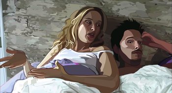 Movie still from “Waking Life” (2001), directed by Richard Linklater – A woman and a man in a bed; Close Up shot, Overhead angle