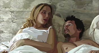 Movie still from “Waking Life” (2001), directed by Richard Linklater – A man and a woman are sitting on a bed; Close Up shot, Overhead angle