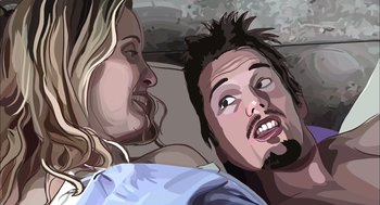 Movie still from “Waking Life” (2001), directed by Richard Linklater – A man and a woman looking at one another; Close Up shot, Overhead angle