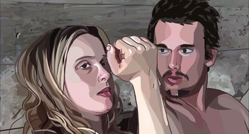 Movie still from “Waking Life” (2001), directed by Richard Linklater – A man and a woman holding something up to their ears; Close Up shot, Low angle