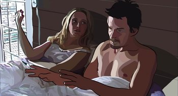 Movie still from “Waking Life” (2001), directed by Richard Linklater – A man and a woman in a bed with a white sheet; Medium shot, Overhead angle