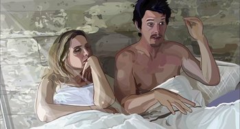 Movie still from “Waking Life” (2001), directed by Richard Linklater – A man and a woman sitting on a bed next to each other; Medium shot, Overhead angle