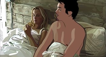 Movie still from “Waking Life” (2001), directed by Richard Linklater – A man and a woman are sitting on a bed; Medium shot, Overhead angle